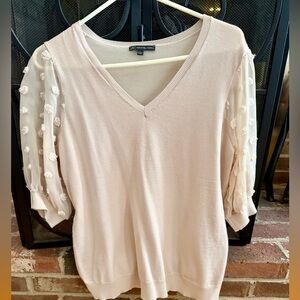 Cream V-Neck Short Sleeve Sweater with Sheer Sleeves